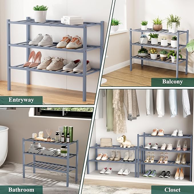 Smiry Small Bamboo Shoe Rack, 6 Tier Free Standing Wooden Shoe Organizer, Stackable Wood Shoe Storage Shelf for Closet, Entryway, 12 Vertical Slats, 2+2+2 Stack Standard Legs, 17.3"x11"x39", Grey