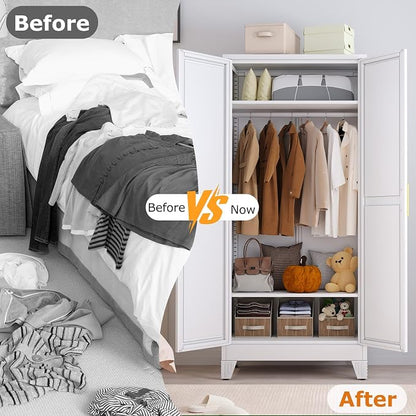 Metal Wardrobe Storage Cabinet with Mirror and Hanging Rod,71'' Metal Clothing Cabinet with 2 Doors and 2 Adjustable Shelves for Bedroom, Laundry Room, Cloak Room (White)