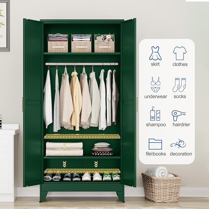 Metal Wardrobe Cabinet with Mirror and Hanging Rod, 71" Metal Clothing Storage Cabinets with 2 Doors and Adjustable Shelves, Green Armoire Wardrobe Closet for Bedroom, Laundry Room, Cloak Room