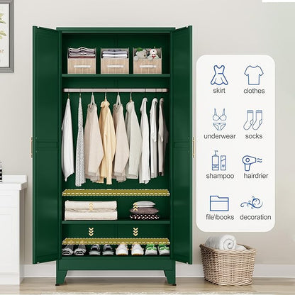 Metal Wardrobe Cabinet with Mirror and Hanging Rod, 71" Metal Clothing Storage Cabinets with 2 Doors and Adjustable Shelves, Green Armoire Wardrobe Closet for Bedroom, Laundry Room, Cloak Room