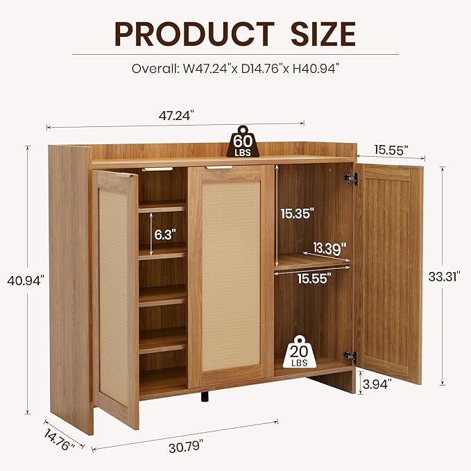 Shoe Cabinet, 41" Tall Rattan Shoe Storage Organizer Cabinet, Adjustable Shelves, 6-Tier Farmhouse Boho Wooden Storage Cabinet for Entryway Hallway Closet Bedroom,Oak