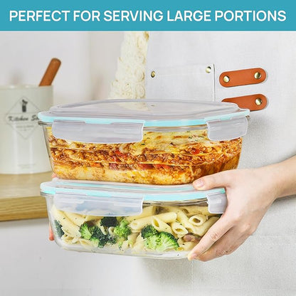 Vtopmart 2Pack 2260ml/ 76.4oz Large Glass Containers Food Storage with Lids, Meal Prep Food Container Set with Snap Airtight Lid for Baking, Microwave, Oven, Leak Proof, for Freezer, Dishwasher, Green