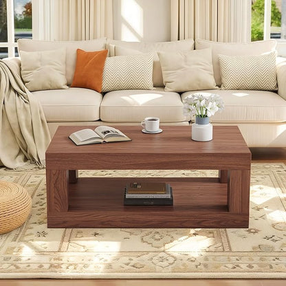 LKTART 39.37" Coffee Table with Storage, 2-Tier Mid Century Rectangular Accent Table with Thick Tabletop, Rustic Style Cocktail, Center Table for Living Room, Office, Apartment (Walnut)