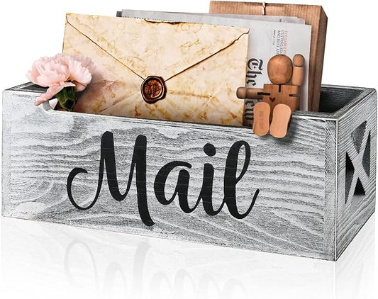 Mail Organizer Holder Countertop, Rustic Wood Mail Basket Storage Tray Letter Holder for Office Desk Wall Mount - Grey