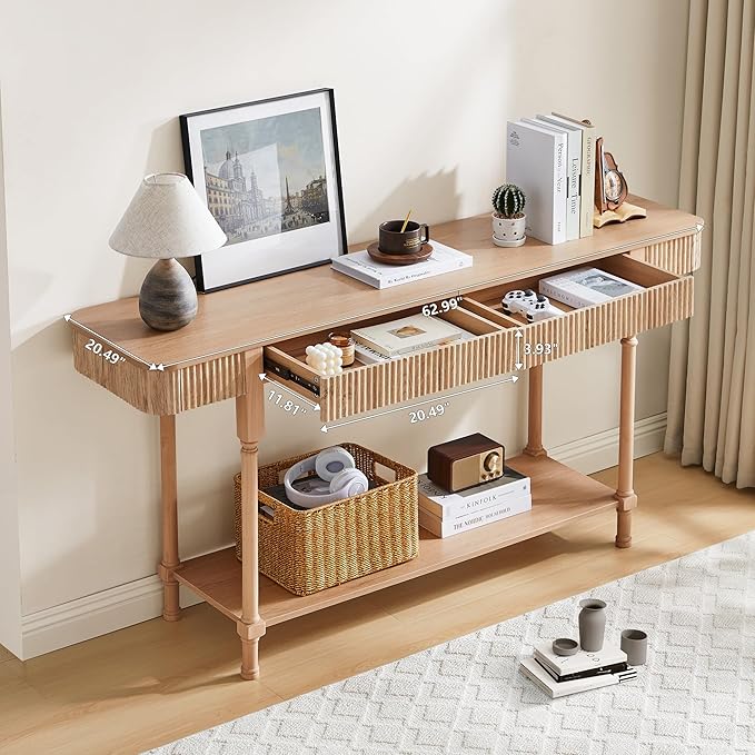 63'' Fluted Console Table with 2 Drawers, 2-Tier Long Entryway Tables with Open Storage, Wooden Narrow Sofa Table Behind Couch, Foyer Accent Table for Living Room, Hallway, Entrance (Natural)