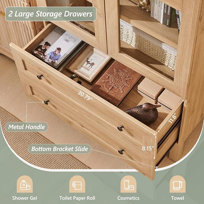 71" Tall Arched Bathroom Storage Cabinet, 4-Tier cabinet w/2 Large Drawers &Adjustable Shelves, Wooden Bathroom Floor cabinets w/Glass Doors, Modern Farmhouse Versatile Cabinets for bathroom, Natrual