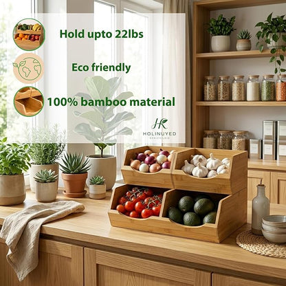 Bamboo Pantry Storage Bins Set of 3, Stackable Potato and Onion Storage Bin, Produce Organizer for Pantry, Wooden Fruit Vegetable Storage Bins with Handles & Slide-Out Access