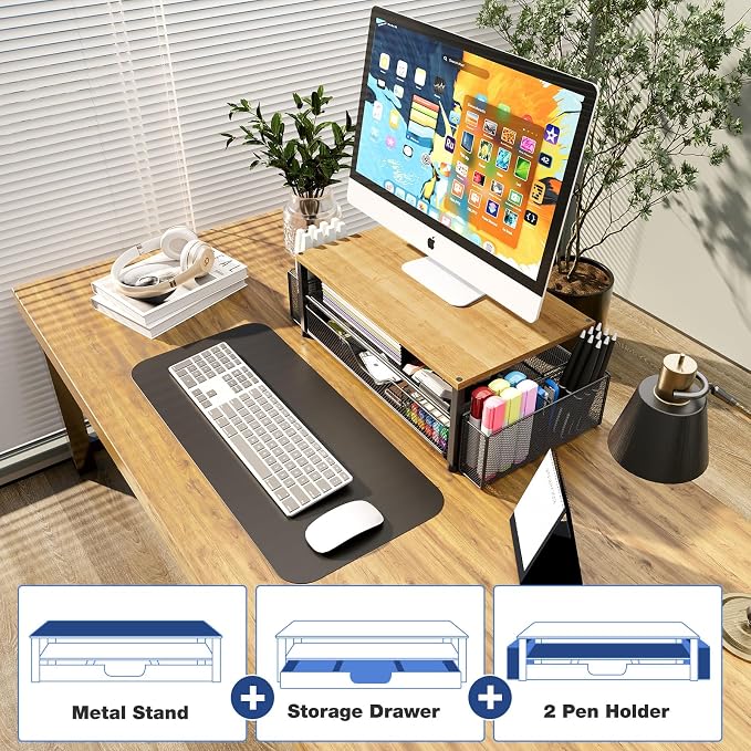 OPNICE Desk Organizers and Accessories, 2-Tier Computer Monitor Stand with Drawer and 2 Pen Holders, Laptop Stand, Office Desk Accessories for Office Supplies, Oak