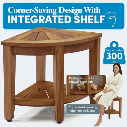 AquaTeak The Original 15.5" Kai Corner Teak Shower Bench - Shower Stool with Storage Shelf for Bathroom - Durable Water Resistant Shower Chair with Teak Oil & Cleaner CareKit - Shaving Foot Rest