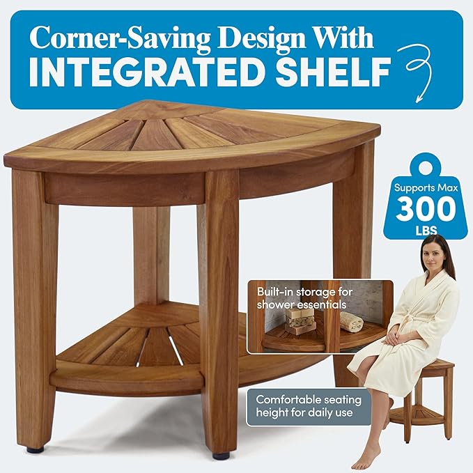 AquaTeak The Original 15.5" Kai Corner Teak Shower Bench - Shower Stool with Storage Shelf & Premium Teak Oil - Durable Water Resistant Shower Chair - Shaving Foot Rest - Indoor & Outdoor Use