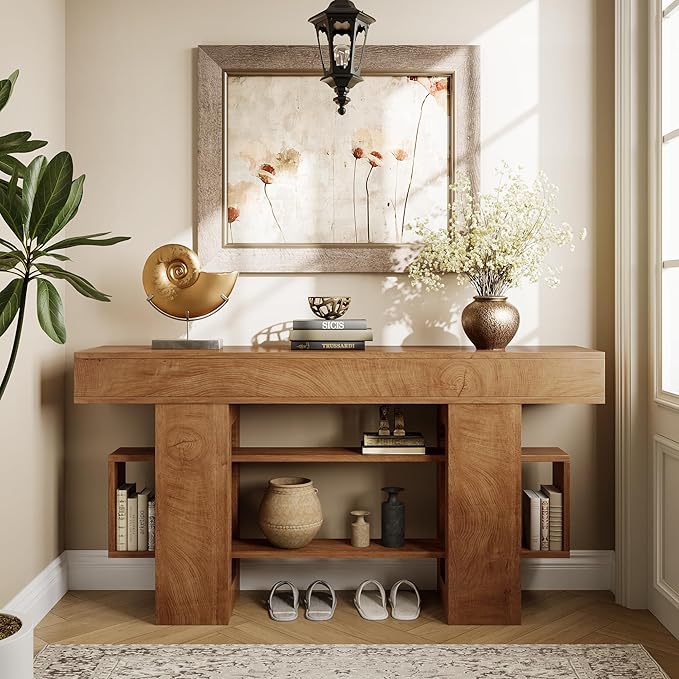 63 Inch Long Console Table for Entryway, Farmhouse Wooden Sofa Table Behind Couch with 3-Tier Storage Shelf, Narrow Entry Accent Table for Living Room, Hallway, Foyer, Oak