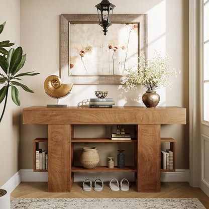 63 Inch Long Console Table for Entryway, Farmhouse Wooden Sofa Table Behind Couch with 3-Tier Storage Shelf, Narrow Entry Accent Table for Living Room, Hallway, Foyer, Oak