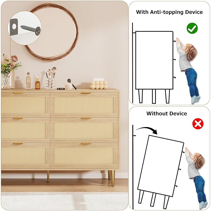 IDEALHOUSE Rattan 6 Drawer Dresser for Bedroom, Modern Chest of Drawers with Gold Legs and Gold Handles, Wide Double Dresser with Large Tabletop and Anti-Tipping Design for Bedroom Living Room, Oak