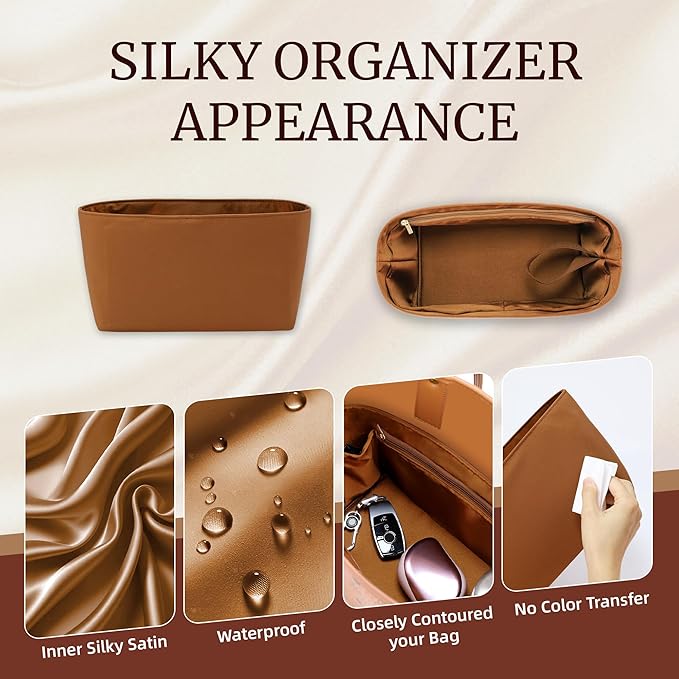 Purse Organizer Insert, Satin Tote Bag Organizer with 8 Sizes, Handbag Dividers for Inside Purse, Compatible with Longchamp, Neverful, 25C Hobo and More Bags（Large,Brown）