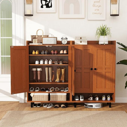 Farmhouse Shoe Cabinet with Doors, 6-Tier Wooden Shoe Organizer with Adjustable Shelves, Entryway Storage Cabinet with Metal Legs, Rustic Shoe Storage for Entryway or Living Room (Walnut)