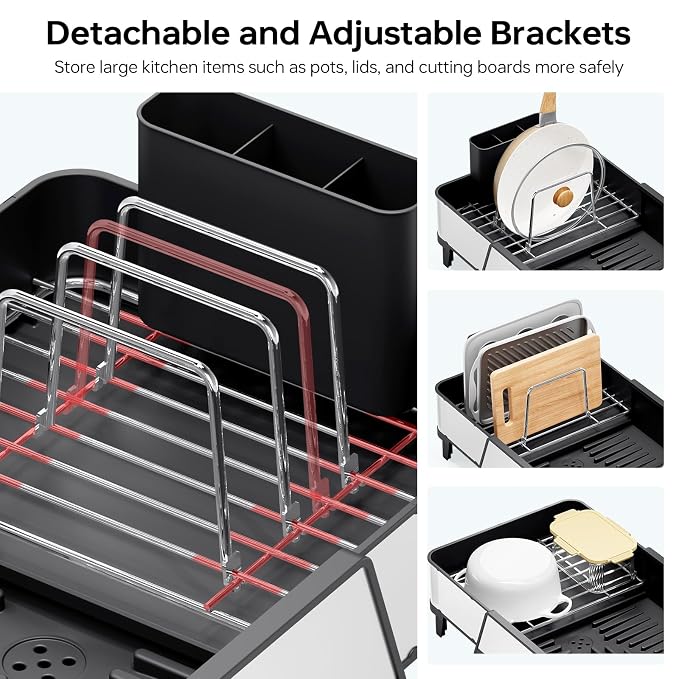 Urackify Large Dish Drying Rack - Triple Expandable Dish Rack for Kitchen Counter, Stainless Steel Sink Organization and Storage Essentials with Utensil & Pans Holder for Home and Appartment, Black