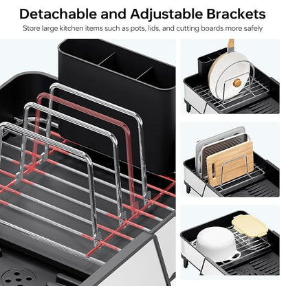 Urackify Large Dish Drying Rack - Triple Expandable Dish Rack for Kitchen Counter, Stainless Steel Sink Organization and Storage Essentials with Utensil & Pans Holder for Home and Appartment, Black