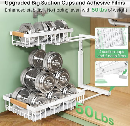 Kitstorack Under Sink Organizer, 2 Tier Under the Sink Storage, Slide out Pull out Cabinet Organizer Shelf, Metal Sliding Drawer for Kitchen Bathroom Pantry Closet Organization Rack, White, 1 Pack