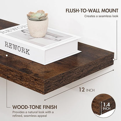 Acovy 12 Inch Floating Shelves, 12" Deep Floating Shelf Wall Mounted, 12" Wall Shelves, Rustic Deep Bookshelf, Extra Deeper Display Shelves & Storage Shelves for Bedroom, Living Room, Set of 3