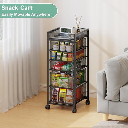 keomaisyto 6-Tier Kitchen Storage Cart with Top Basket & Drawers, Utility Fruit Vegetable Storage Rack on Lockable Wheels, Metal Rolling Snack Cart, Kitchen Organization for Potatoe Onion Can Spice