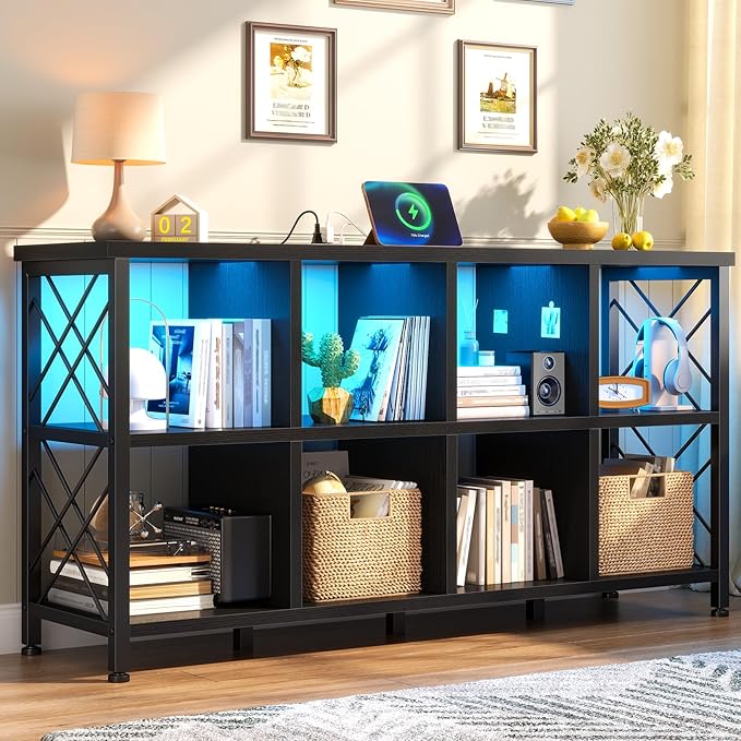 8 Cube Storage Organizer with LED Light and Charging Station, Wood and Metal Cube Shelf, Long Horizontal Book Shelf for Bedroom, Home Office, Black