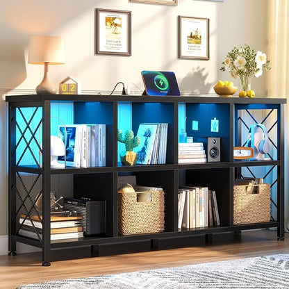 8 Cube Storage Organizer with LED Light and Charging Station, Wood and Metal Cube Shelf, Long Horizontal Book Shelf for Bedroom, Home Office, Black