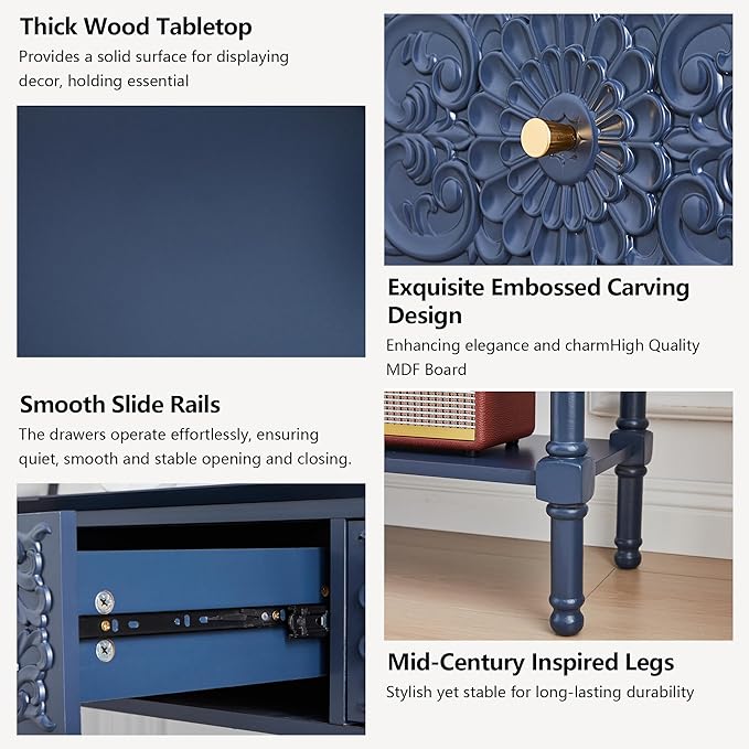 55.5" Carved Console Table with 3 Drawers, 2-Tier Sofa Table with Glossy Floral Surface and Solid Wood Legs, Mid-Century Modern Entryway Table for Living Room Hallway (Midnight Blue)