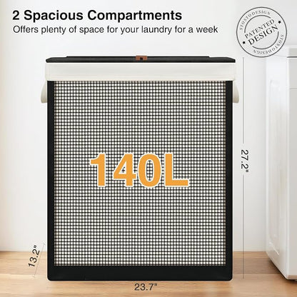 STO STO Double Laundry Hamper with Lid, 140L Large 2 Section Laundry Sorter, Laundry Basket with Removable Washable Canvas Liner Bag, Breathable Clothes Hamper for Bedroom Bathroom Laundry Room Closet