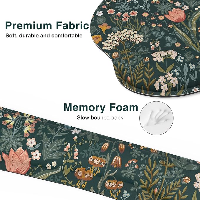 Ergonomic Mouse Pad with Wrist Rest and Keyboard Wrist Rest, Mousepad and Wrist Rest for Computer Keyboard, Pain Relief, Non-Slip Rubber Base, Mouse Pad Wrist Support for Gaming, Green Flowers