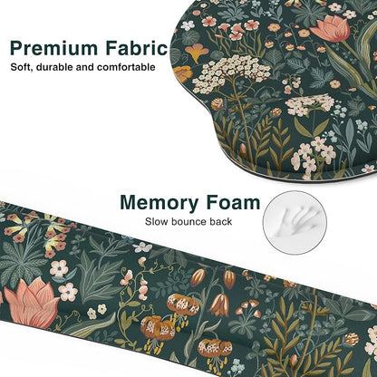 Ergonomic Mouse Pad with Wrist Rest and Keyboard Wrist Rest, Mousepad and Wrist Rest for Computer Keyboard, Pain Relief, Non-Slip Rubber Base, Mouse Pad Wrist Support for Gaming, Green Flowers