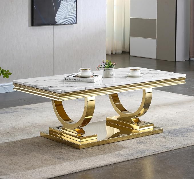 2 Piece Living Room Table Set Include 1 Faux Marble Coffee Table & 1 End Table, Modern White Gold Coffee Table Set of 2 with Double O Shape Stainless Steel Pedestal Base