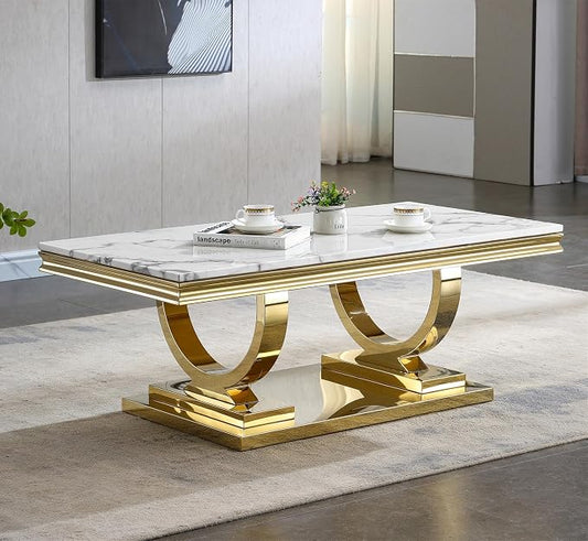 2 Piece Living Room Table Set Include 1 Faux Marble Coffee Table & 1 End Table, Modern White Gold Coffee Table Set of 2 with Double O Shape Stainless Steel Pedestal Base