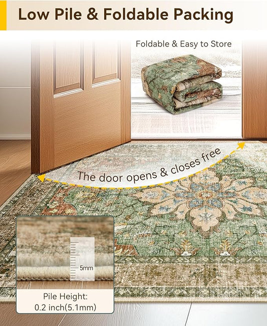 RELEANY Area Rugs Square 6ft Washable Non-Slip, Floral Vintage Distress Medallion Carpet for Living Room Bedroom Dining Room, Terracotta Burnt Orange Green