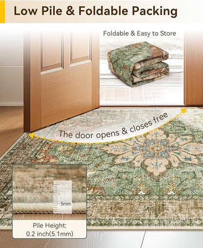 RELEANY Area Rugs Runner 2'6"x12' Washable Non-Slip, Floral Vintage Distress Medallion Carpet for Kitchen Hallway Bedroom Beside Laundry Room Bathroom, Terracotta Burnt Orange Green