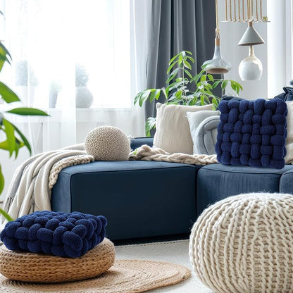 Wenqik 2 Pcs Knot Pillows Square Knotted Plush Throws Soft Accent Pillows Decoration Cushion for Couch Home Office Living Room Bedroom Bed Sofa Decor, 12'' x 13''(Navy Blue,Lambswool)