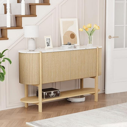Console Table with Storage, Fluted Entryway Table with 2 Doors and Open Shelf, Long Sofa Table Behind Couch for Living Room, Hallway (Natural)