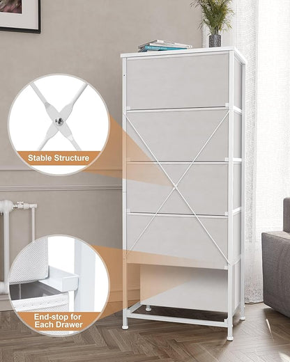 Crestlive Products Rattan Dresser, Tall Fabric Storage Tower, Chests of Drawers with Handles - Organizer Unit for Bedroom, Hallway, Entryway, Closets - 6 Drawers (White Top & Frame)