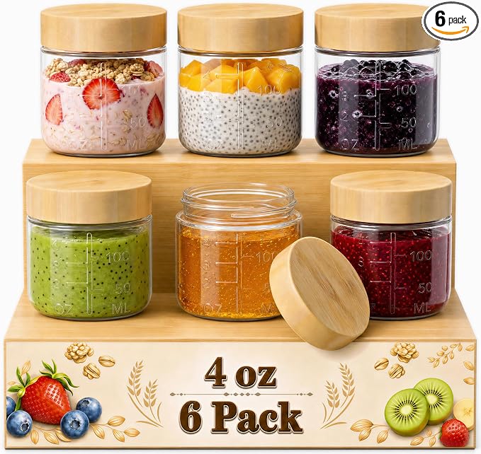 HomArtist 4oz Glass Salad Dressing Containers with Bamboo Lids - 6 Pack Small Airtight Condiment Cups, Mini Sauce Jars for Picnic, Ketchup, Dip & Snacks, Leakproof, BPA-Free & Dishwasher Safe