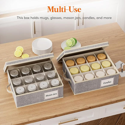 Lifewit 2 Pcs Coffee Mug Storage Box with Dividers, Stackable Cationic Hard Shell Stemware Containers with 24 Cells, Foldable Dustproof China Containers for Moving, Light Grey, 39 x33x14cm