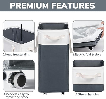 Goodpick Laundry Basket with Wheels, 75L Laundry Hamper for Dirty Clothes, College Dorm Essentials, Clothes Hamper for Livng Room, Grey&White