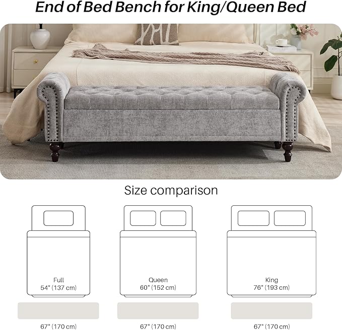 Storage Bench for Bedroom, 67" End of Bed Bench King Size, Upholstered Chenille Storage Ottoman with Tufted Cushioned Rolled Arm Large Storage Space for Living Room Entryway, Light Grey