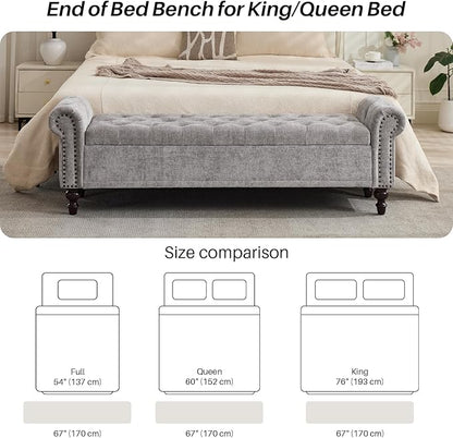 Storage Bench for Bedroom, 67" End of Bed Bench King Size, Upholstered Chenille Storage Ottoman with Tufted Cushioned Rolled Arm Large Storage Space for Living Room Entryway, Light Grey
