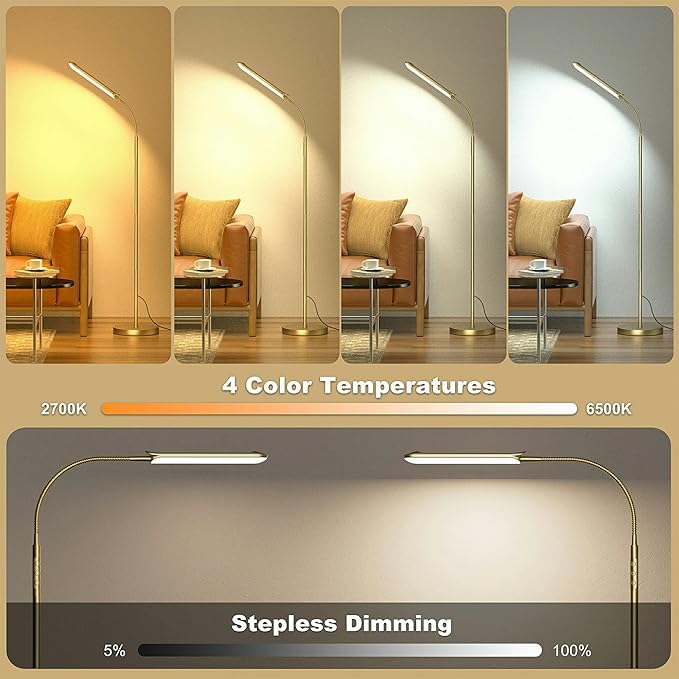 Dimmable LED Floor Lamp, Super Bright Reading Lamps Floor Standing lamp with Remote & Touch Control, Stepless Dimming & 2700K-6500K Color Temperature, for Living Room Bedroom Office, Gold