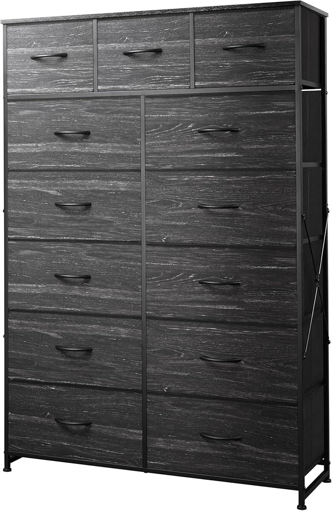 Tall Console Table with 13 Fabric Drawers, Entryway Table with Storage, Tall Storage Organizer with Wood Top, Steel Frame for Living Room, Hallway, Office, Charcoal Black Wood Grain Print