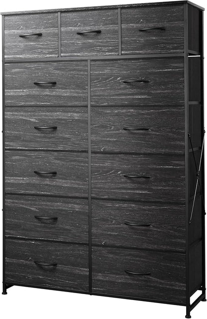 Tall Console Table with 13 Fabric Drawers, Entryway Table with Storage, Tall Storage Organizer with Wood Top, Steel Frame for Living Room, Hallway, Office, Charcoal Black Wood Grain Print