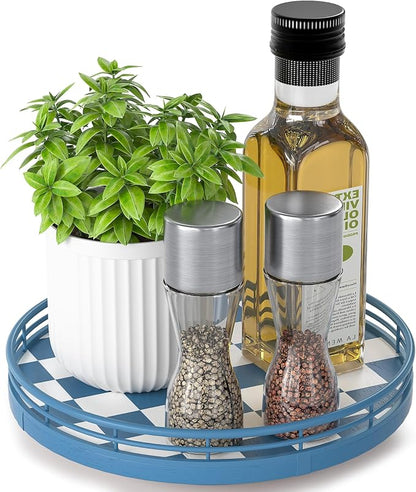 Premium Rubber Wood Lazy Susan Turntable, Blue White Checkerboard Decorative Serving Tray, Hand-Welded Metal Railing, Stable Rotating Organizer for Dining Table, Kitchen Counter, Coffee Table Decor