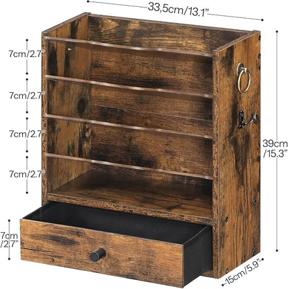HOOBRO Wall File Organizer, Mail Organizer Wall Mounted, Wooden Literature Organizer, Construction Paper Organizer with Drawer Storage and 2 Hooks, for Office, Classroom, Home, Rustic Brown FG14WF01