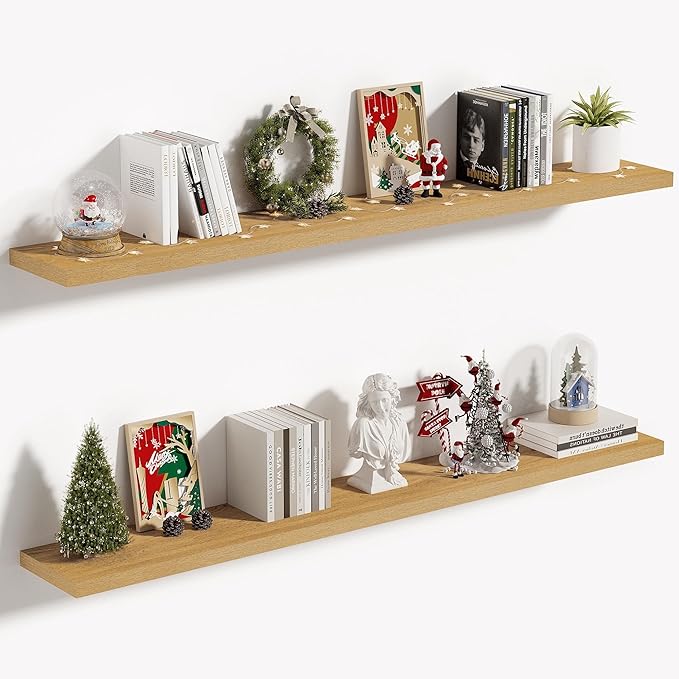 Vivelove 10" Deep Floating Shelves with Invisible Brackets, 55" Wall Shelves for Bathroom Bedroom Kitchen Living Room Laundry Room, Modern Rustic Shelves for Home Decor, 55"x10.2"x1.5", Set of 2, Oak