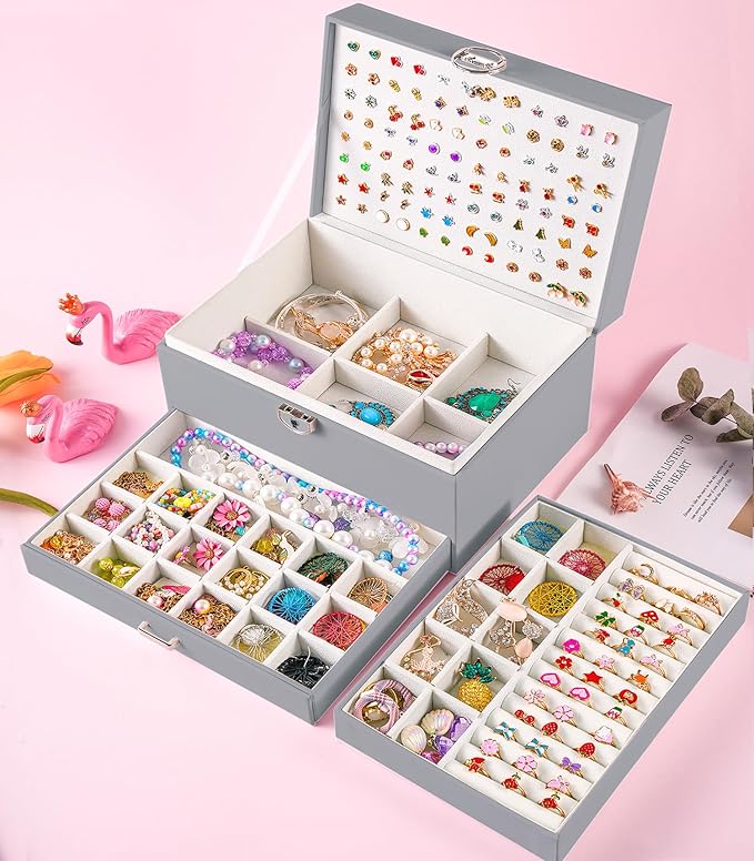 QBestry Earring Jewelry Box for Women Girls Stud Organizers, 5 Layers Grey Jewelry Organizer Box with Lock Necklaces and Earrings Holder Jewelry Box with Earring Organizer for Women Girls Xmas Gifts