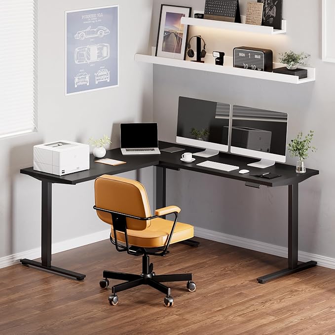 SANODESK Electric Corner L-Shaped 71 x 63 in Standing Desk, Memory Height Adjustment, Black Top Black Frame